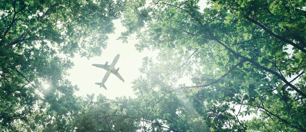 Eco-friendly air transport concept. The plane flies in the sky against the background of green trees. Environmental pollution. Harmful emissions